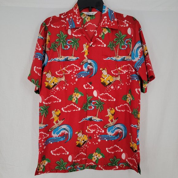Alvish Enjoy Life Surfing Santa Hawaiian Shirt Red Men's Small - Picture 1 of 10